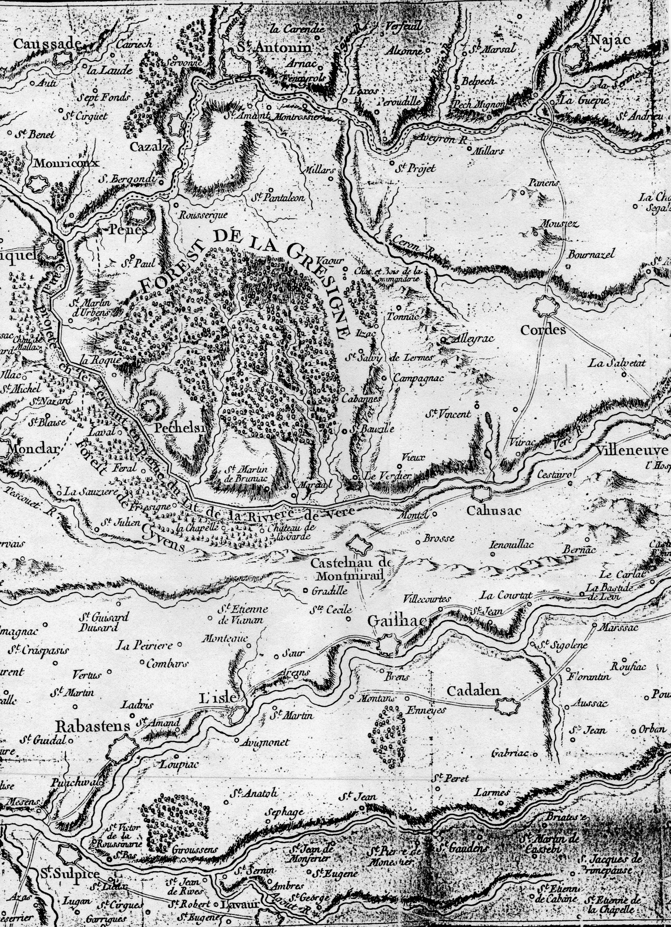 la forêt de Grésigne et les communes avoisinantes dont Puycelsi dans la carte de Cassini